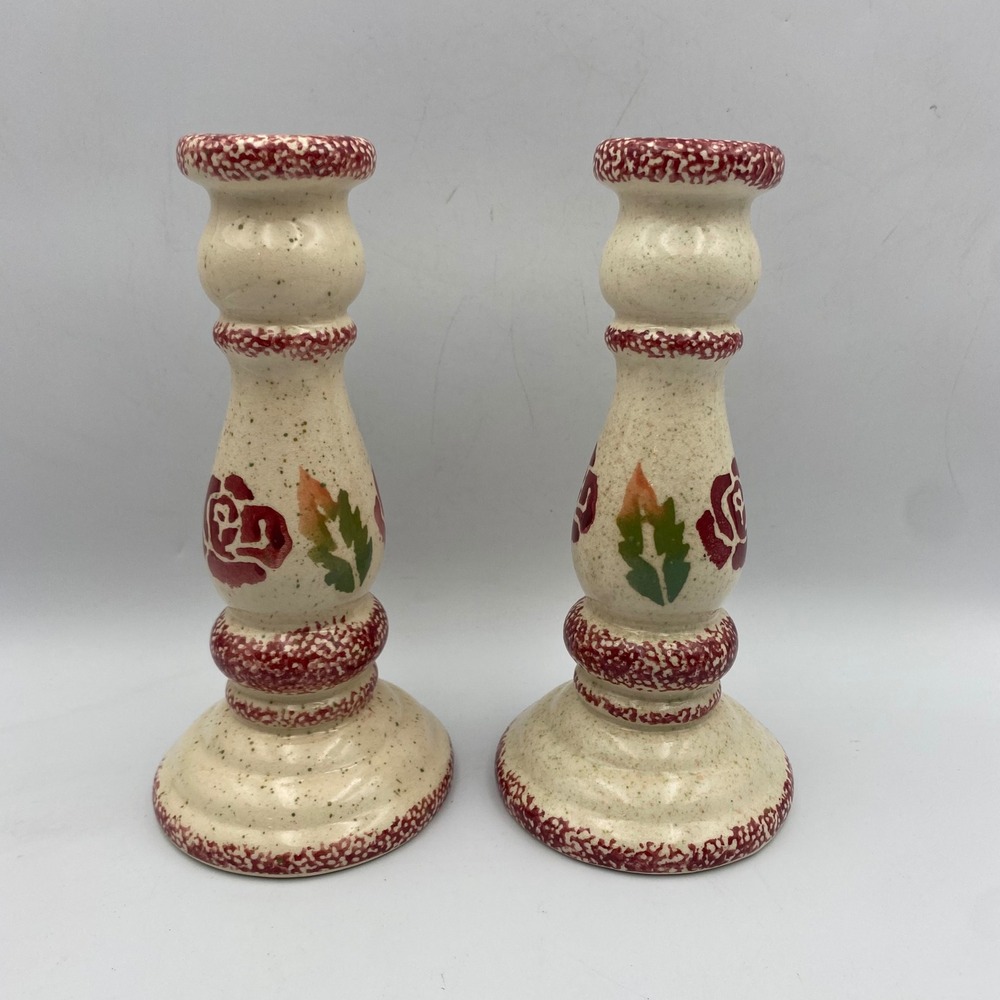 Vintage Style Ceramic Rose Candlestick Holders Set of 2 Red Spongeware Floral